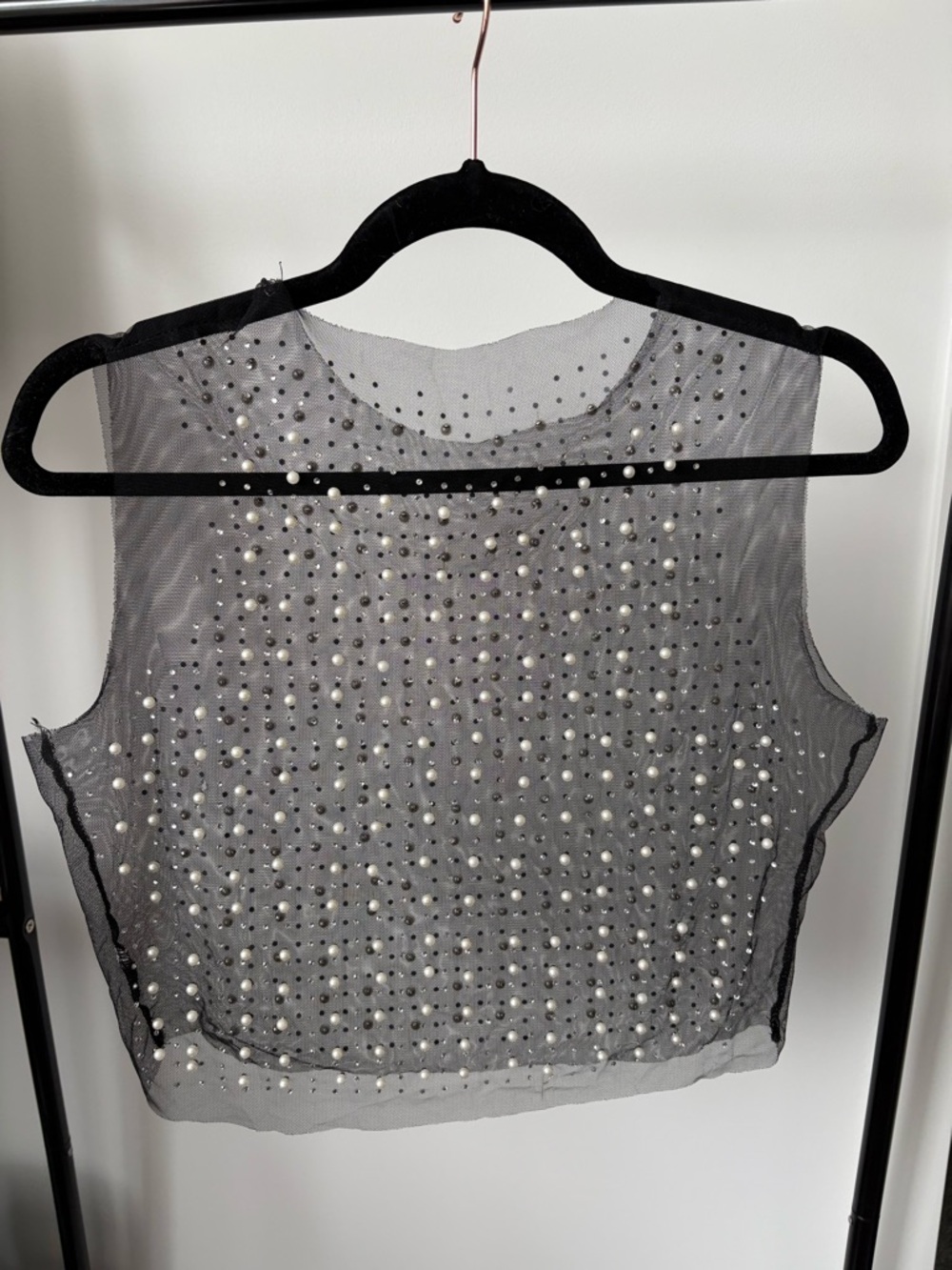 Embellished Sheer Pearl-Studded Sleeveless Top - Black